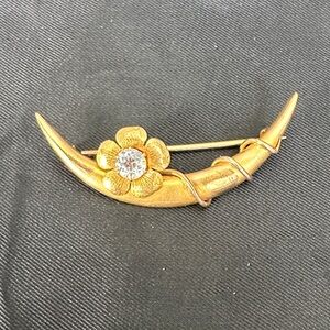 Victorian Crescent Horn Brooch Antique Gold Filled Flower Old Cut Stone 2”